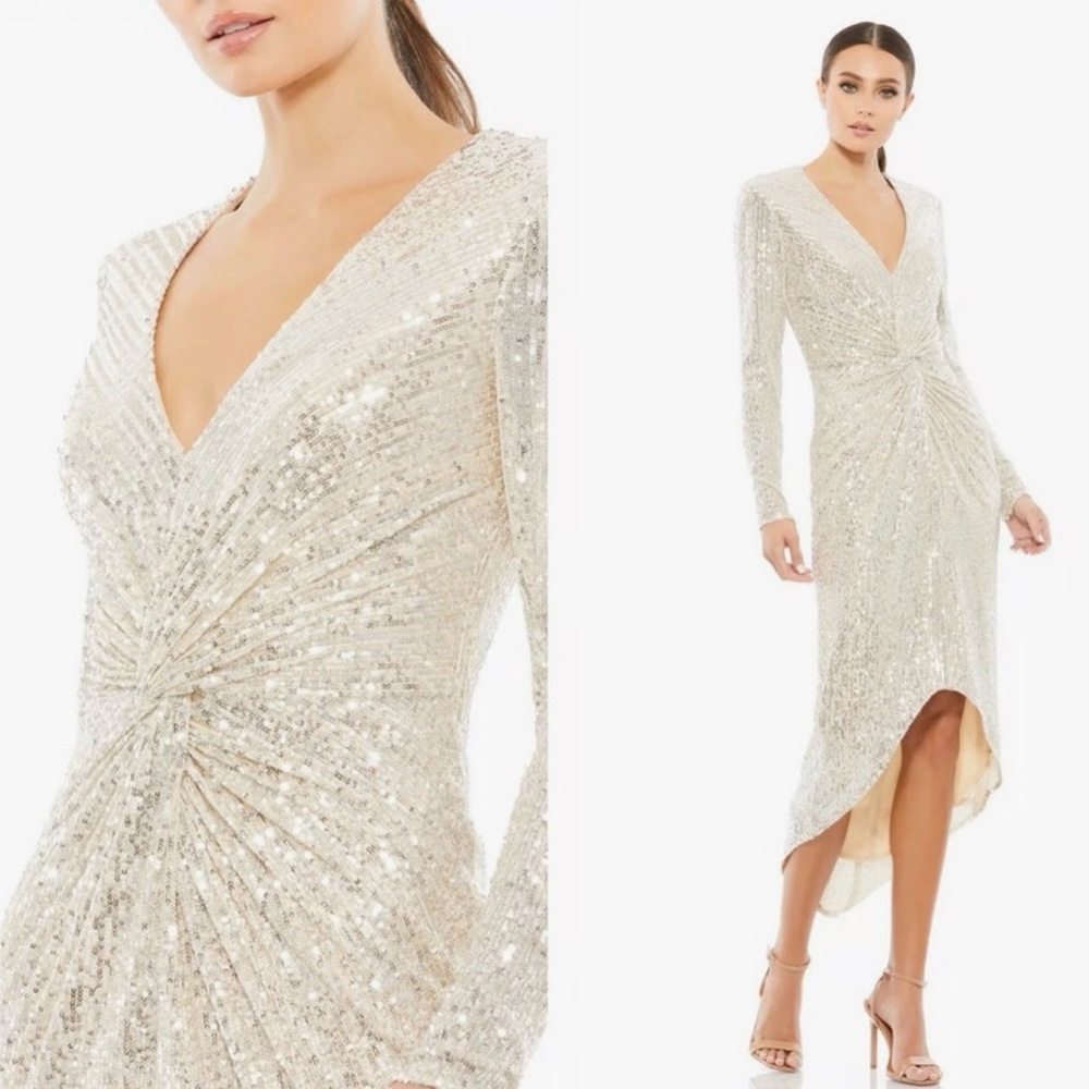 Ienna For Mac Duggal long-sleeved silver sequined dress, size 6